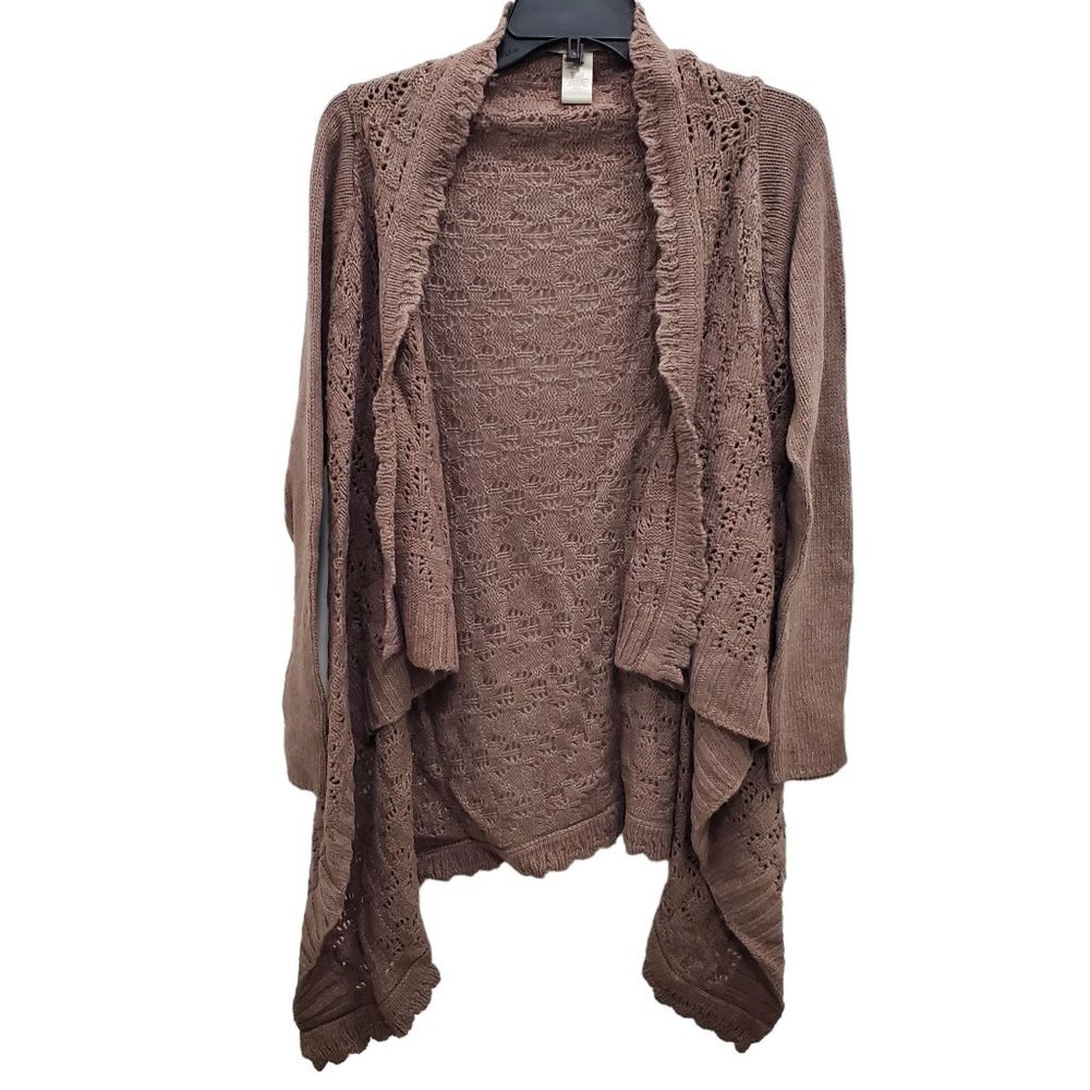 RW&CO Women's Taupe Wool Angora Crochet Knit Open Lapel Waterfall Cardigan Sz‎ M